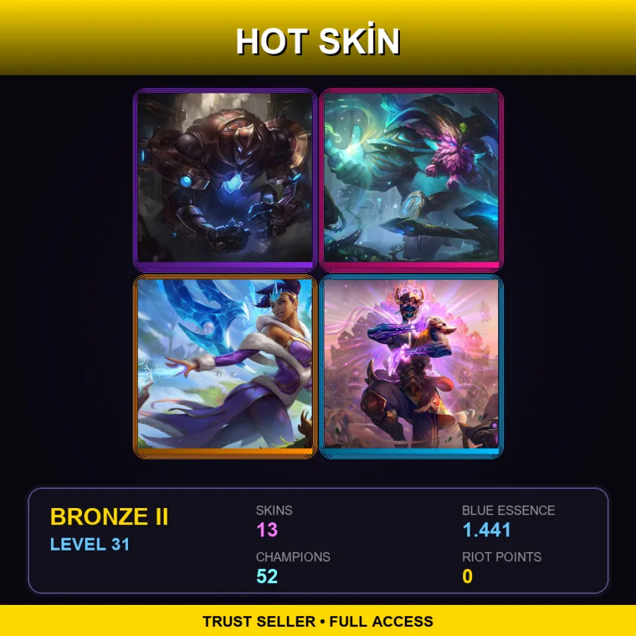 EUW | Hextech Galio | Elderwood Ornn | Winter Wonder Karma | Three Honors Malzahar | 13 Skin | 52 Champ | Bronze II | Lv31