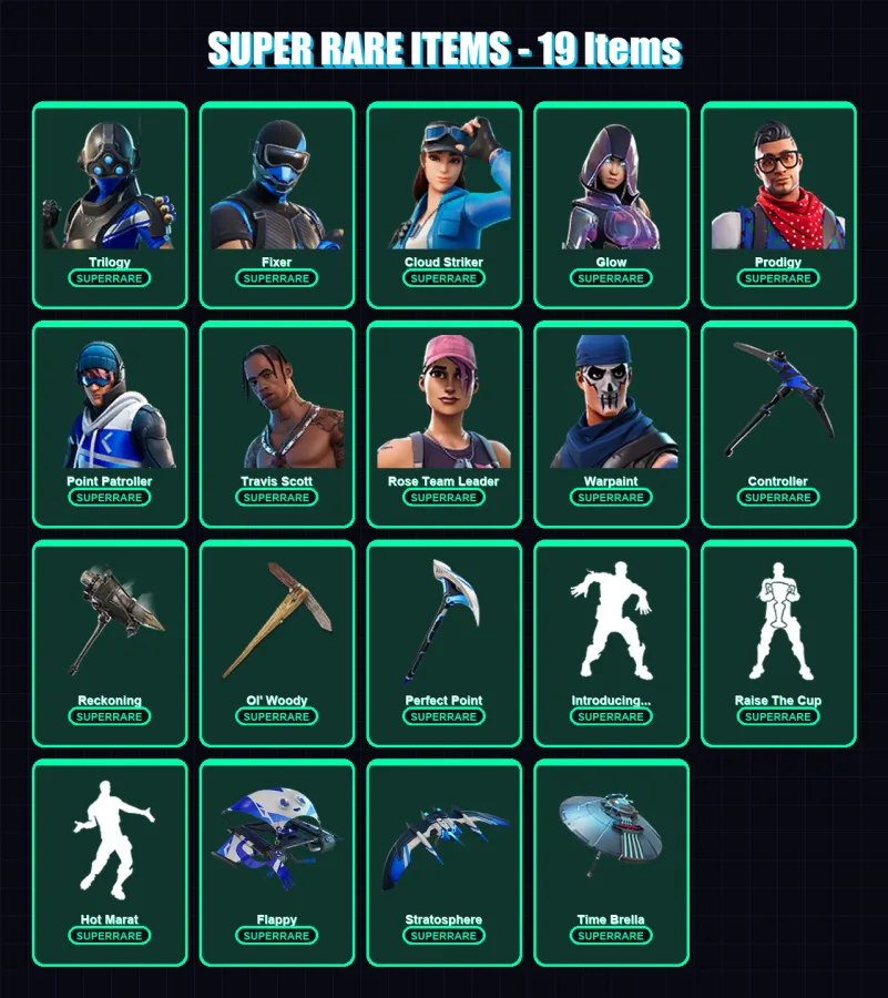 [PS4/PS5/XBOX/PC] | Trilogy | Fixer | Cloud Striker | Glow | Prodigy | 86 skin | 120 pickaxe | 82 emote | 103 glider | Lv1282