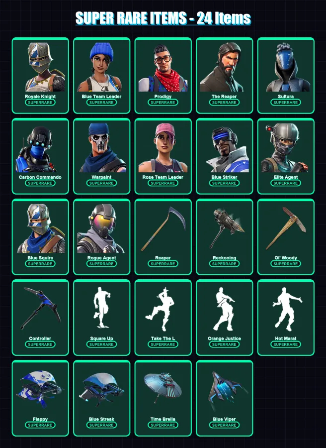 [PS4/PS5/XBOX/PC] | Royale Knight | Blue Team Leader | Prodigy | The Reaper | Sultura | 73 skin | 102 pickaxe | 91 emote | 96 glider | Lv1335