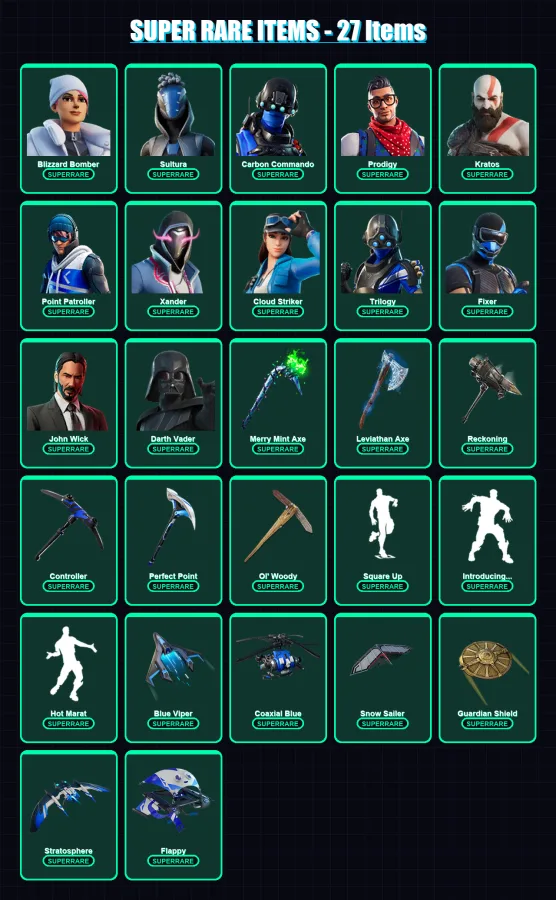 [PS4/PS5/XBOX/PC] | Blizzard Bomber | Sultura | Carbon Commando | Prodigy | Kratos | 300 skin | 276 pickaxe | 197 emote | 219 glider | Lv2939