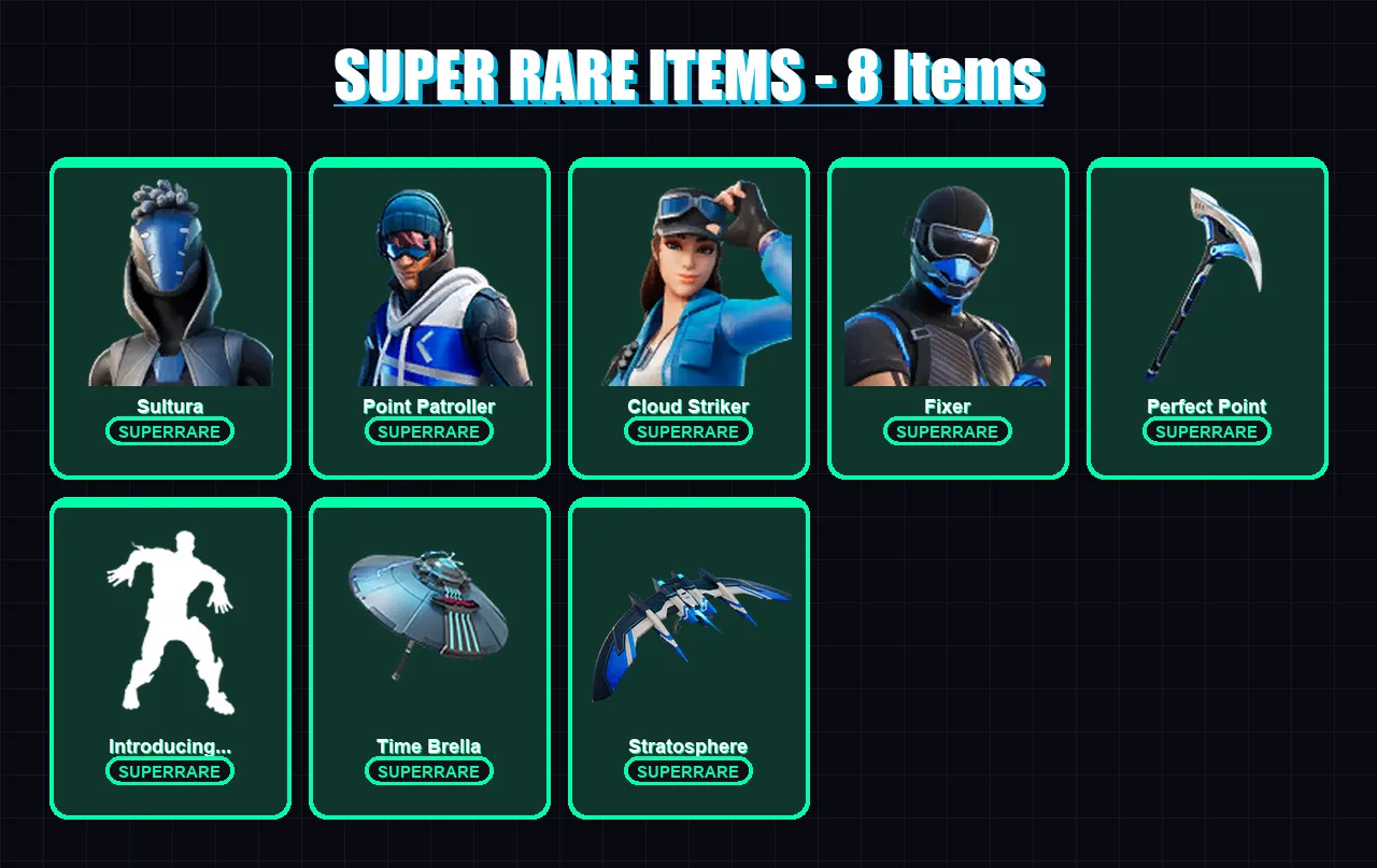 [PS4/PS5/XBOX/PC] | Sultura | Point Patroller | Cloud Striker | Fixer | Fade | 61 skin | 112 pickaxe | 64 emote | 92 glider | Lv1585