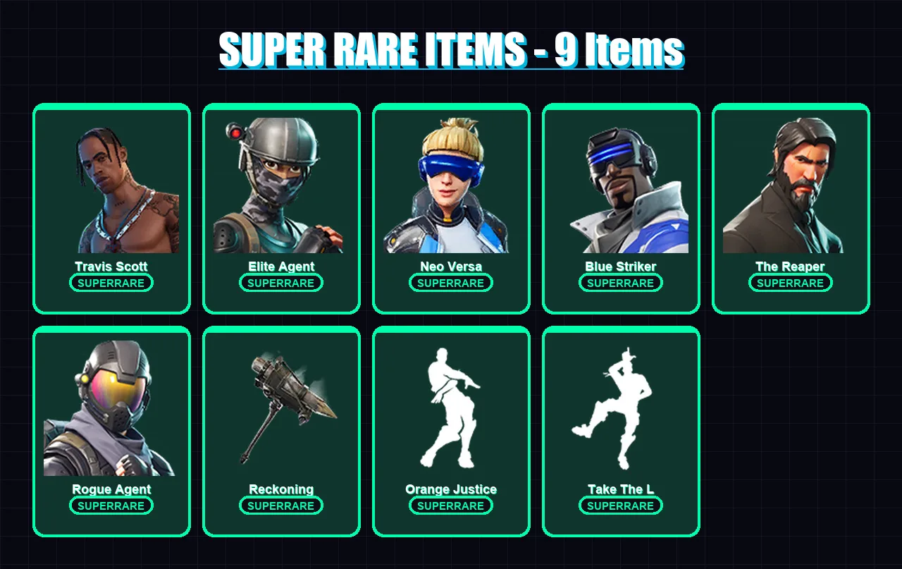 [PS4/PS5/XBOX/PC] | Travis Scott | Elite Agent | Neo Versa | Blue Striker | The Reaper | 60 skin | 52 pickaxe | 60 emote | 58 glider | Lv1175