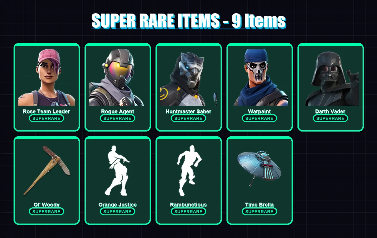 [PC] | Rose Team Leader | Rogue Agent | Huntmaster Saber | Warpaint | Darth Vader | 240 skin | 252 pickaxe | 204 emote | 189 glider | Lv2611