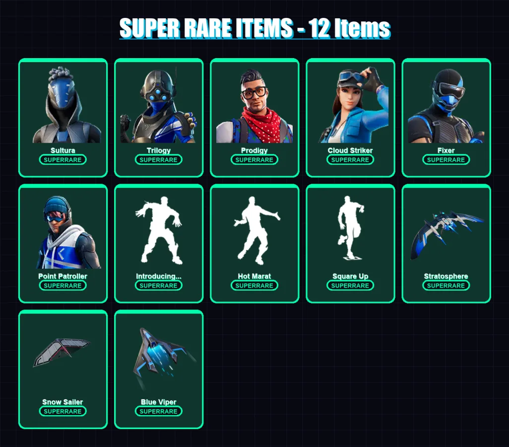 [PS4/PS5/XBOX/PC] | Sultura | Trilogy | Prodigy | Cloud Striker | Fixer | 102 skin | 111 pickaxe | 106 emote | 92 glider | Lv1024