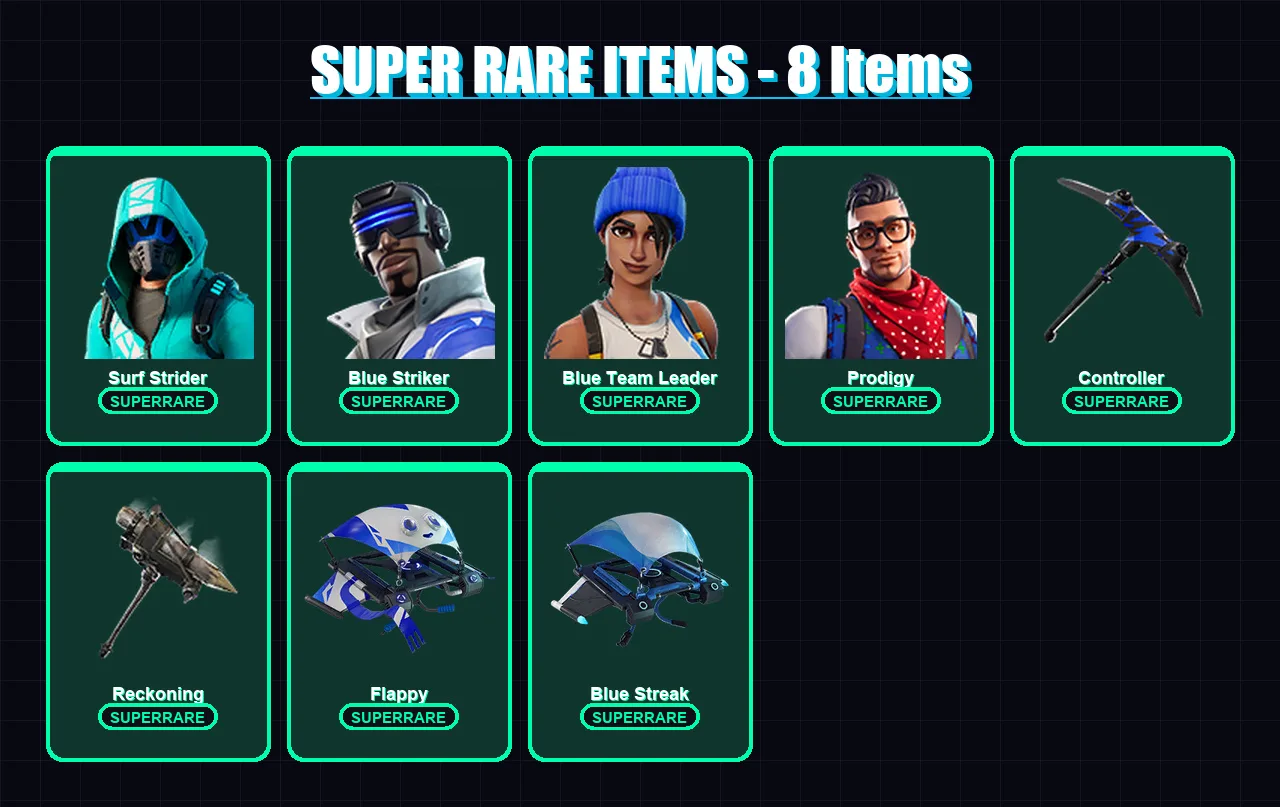 [PC] | Surf Strider | Blue Striker | Blue Team Leader | Prodigy | A.I.M. | 16 skin | 21 pickaxe | 16 emote | 19 glider | Lv228
