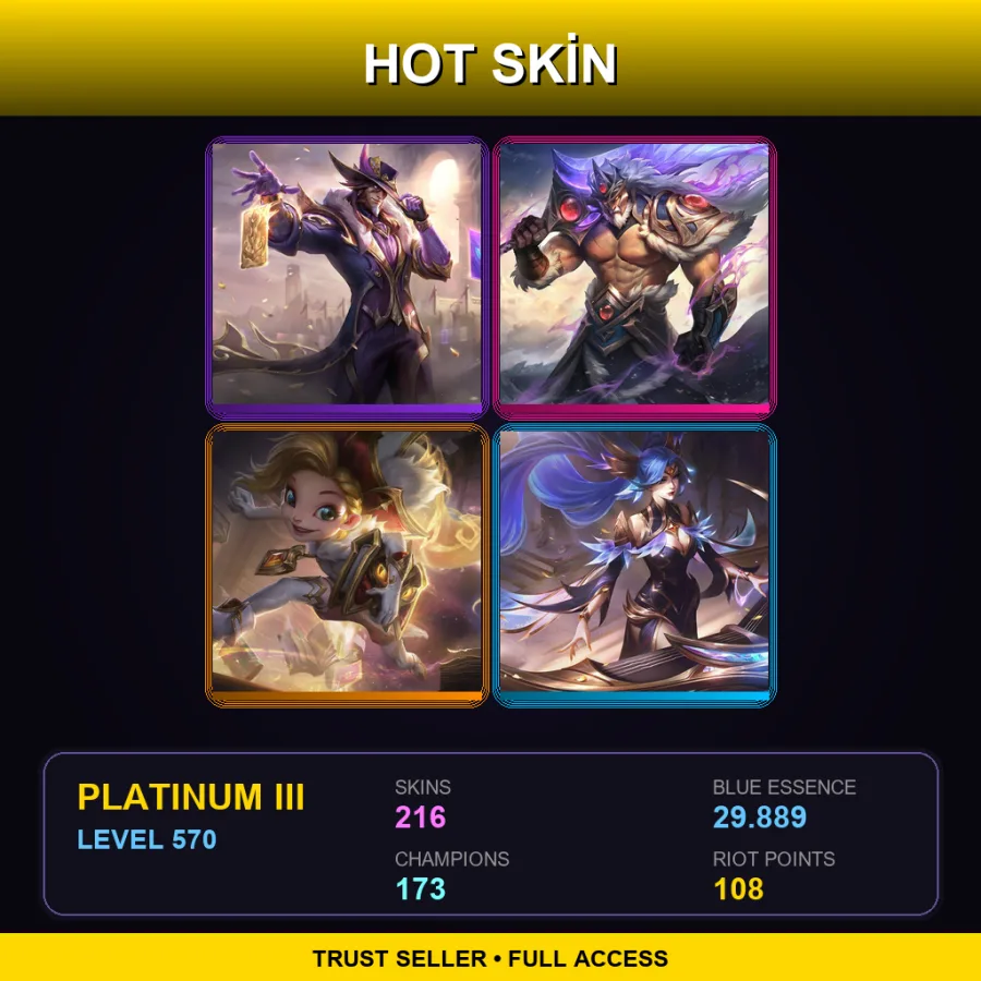 LAN | Victorious Twisted Fate | Victorious Tryndamere | Prestige Arcanist Zoe | Victorious Sona | 216 Skin | 173 Champ | Platinum III | Lv570