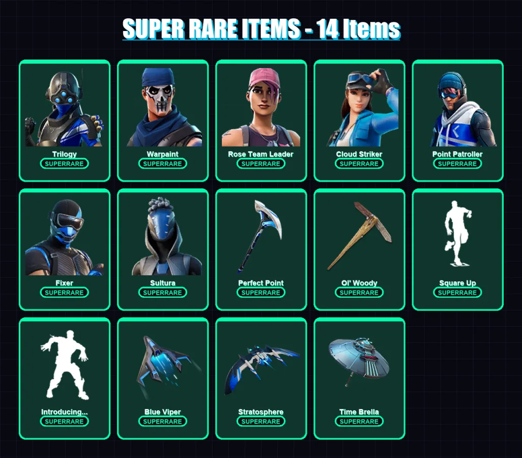 [PC/XBOX/PSN] | Trilogy | Warpaint | Rose Team Leader | Cloud Striker | Point Patroller | 93 skin | 117 pickaxe | 117 emote | 111 glider | Lv1667