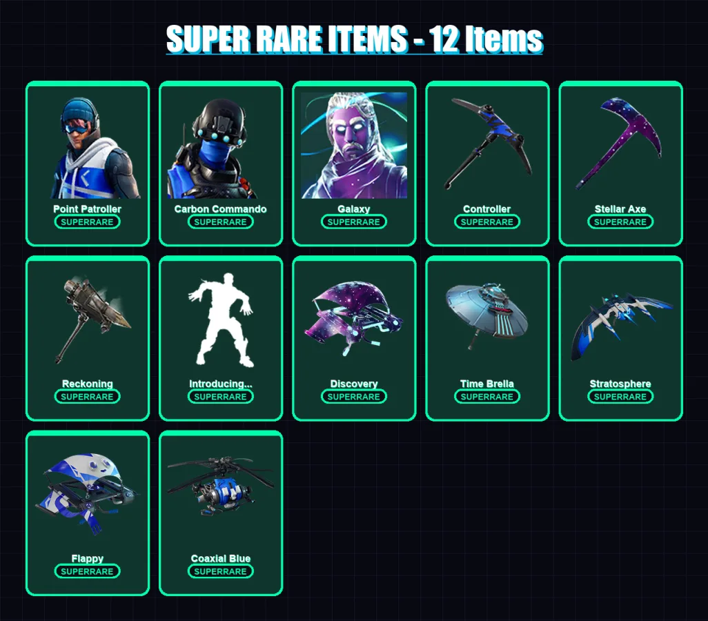 [SWITCH/XBOX/PC] | Point Patroller | Carbon Commando | Galaxy | Zenith | Calamity | 41 skin | 49 pickaxe | 77 emote | 65 glider | Lv1130