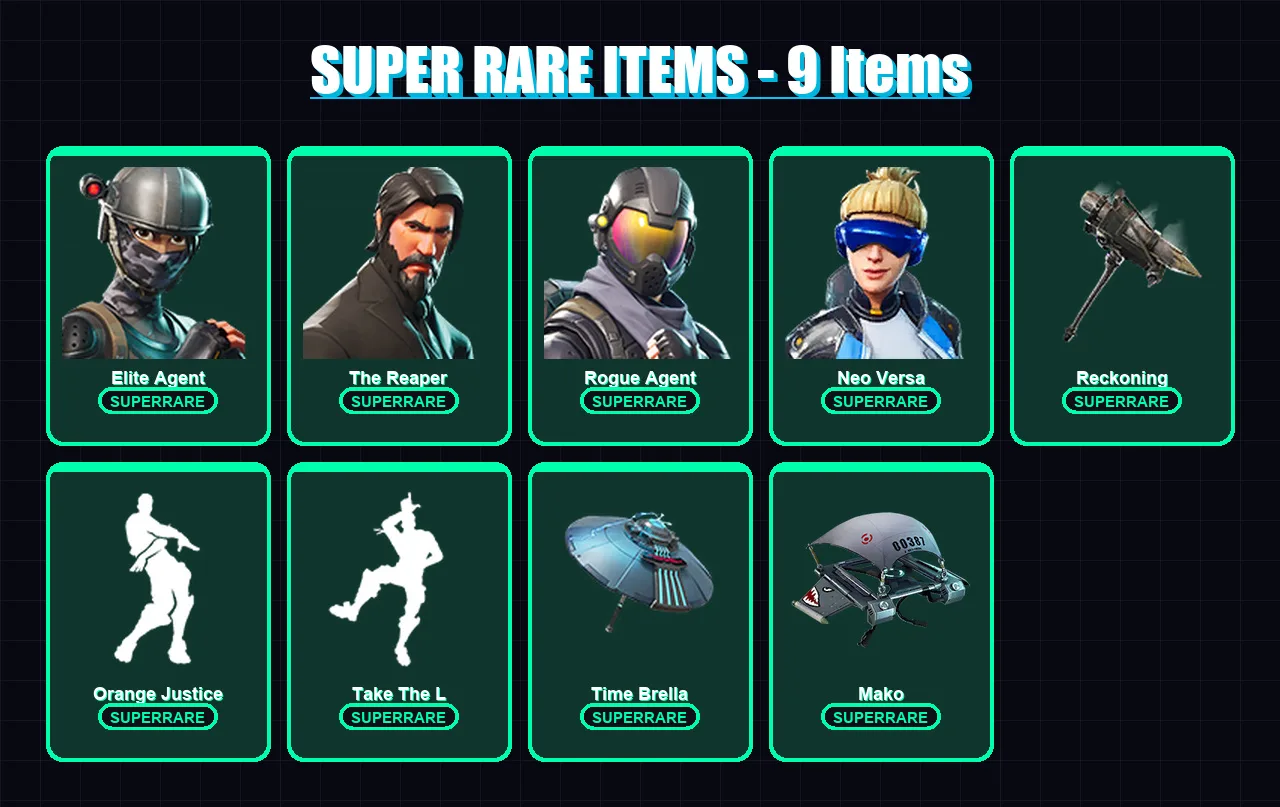 [PS4/PS5/PC] | Elite Agent | The Reaper | Rogue Agent | Neo Versa | Enforcer | 68 skin | 70 pickaxe | 80 emote | 65 glider | Lv1042