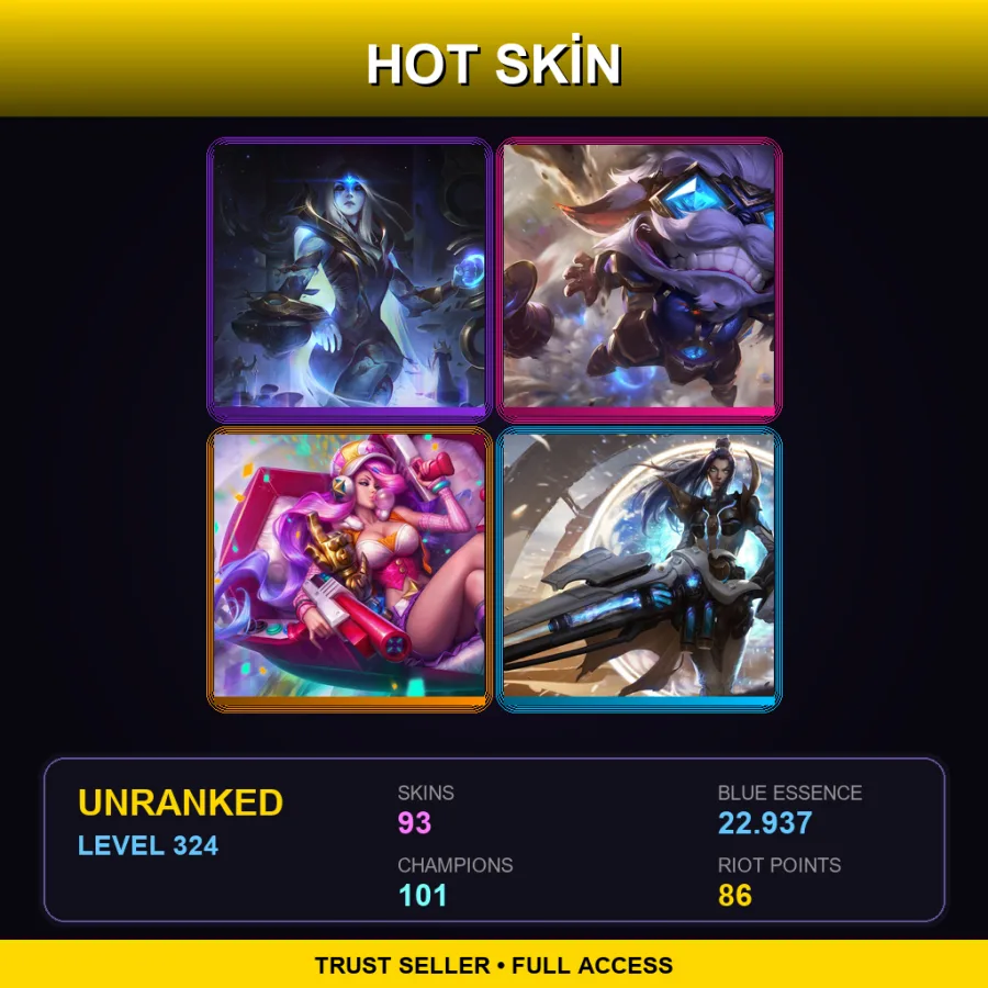 LAN | Lv324 | Unranked | 93 Skin | 101 Champ — LoL account