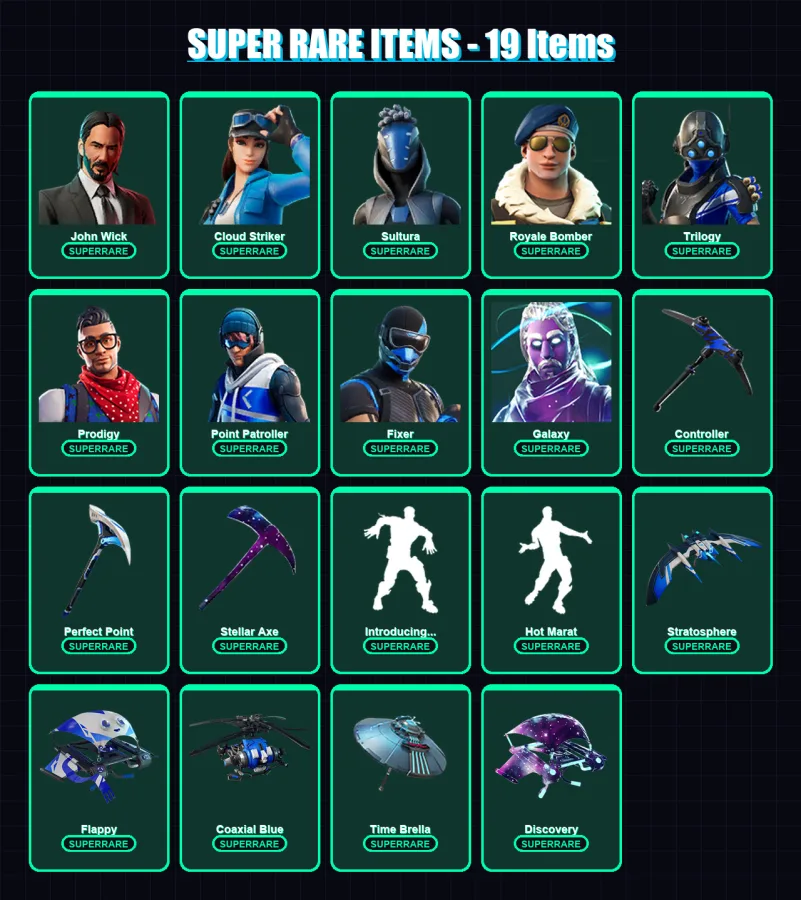 [PS4/PS5/XBOX/PC] | John Wick | Cloud Striker | Sultura | Royale Bomber | Trilogy | 79 skin | 91 pickaxe | 75 emote | 78 glider | Lv1038