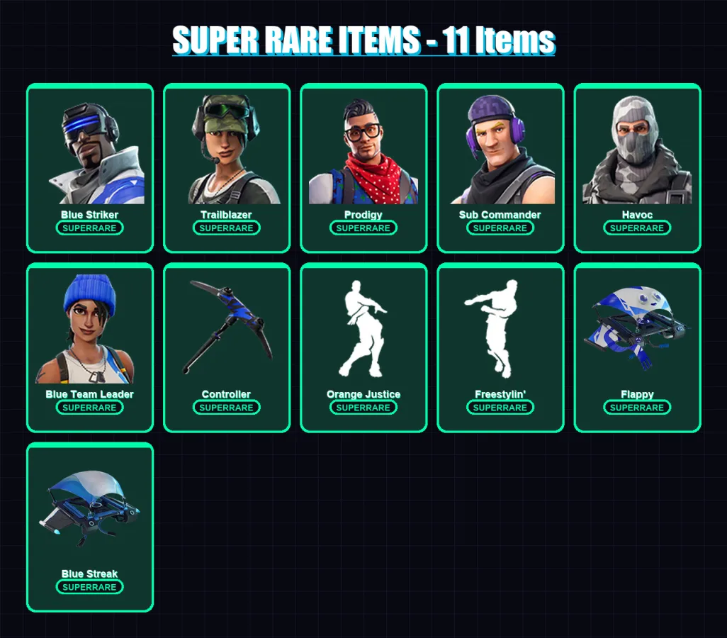 [PC/XBOX] | Blue Striker | Trailblazer | Prodigy | Sub Commander | Havoc | 16 skin | 11 pickaxe | 14 emote | 15 glider | Lv212