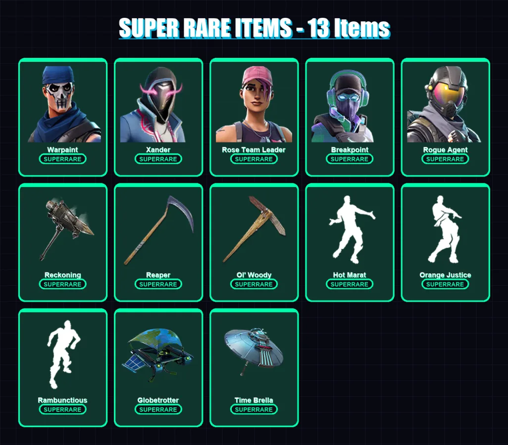 [PC/XBOX/PSN] | Warpaint | Xander | Rose Team Leader | Breakpoint | Rogue Agent | 320 skin | 197 pickaxe | 243 emote | 160 glider | Lv1973