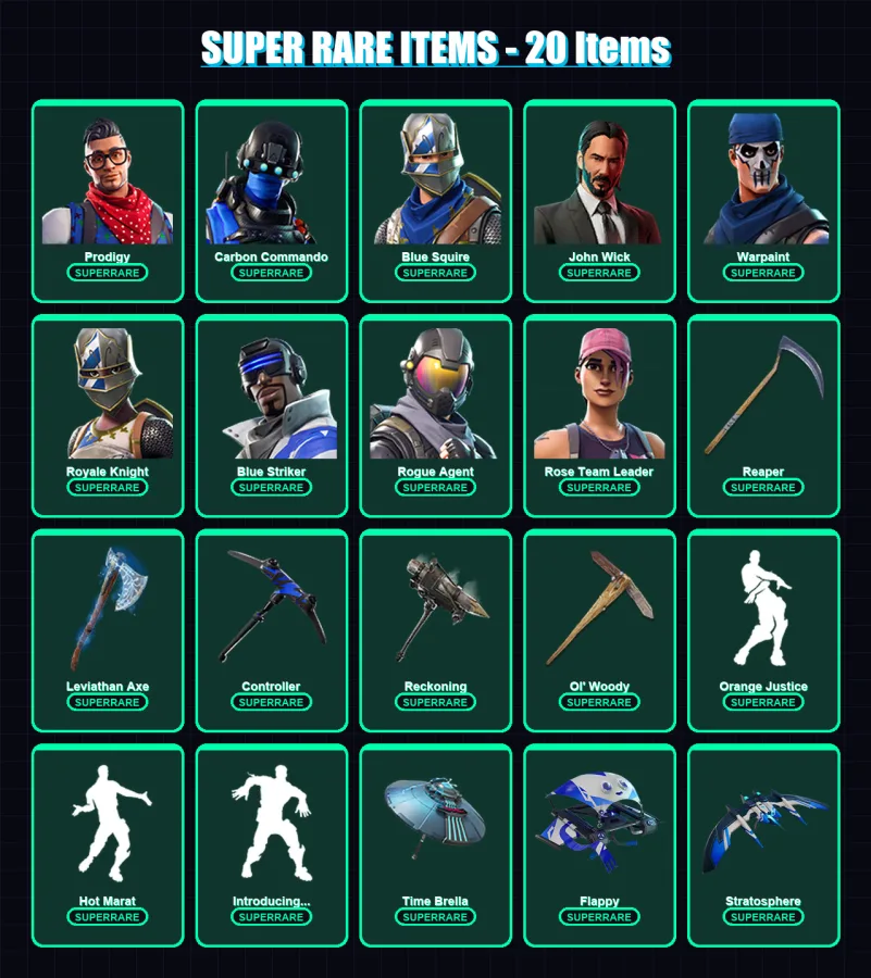 [PS4/PS5/XBOX/PC] | Prodigy | Carbon Commando | Blue Squire | John Wick | Warpaint | 104 skin | 112 pickaxe | 102 emote | 92 glider | Lv1109