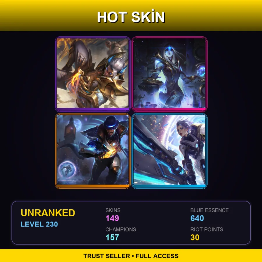 EUW | Lv230 | Unranked | 149 Skin | 157 Champ — LoL account