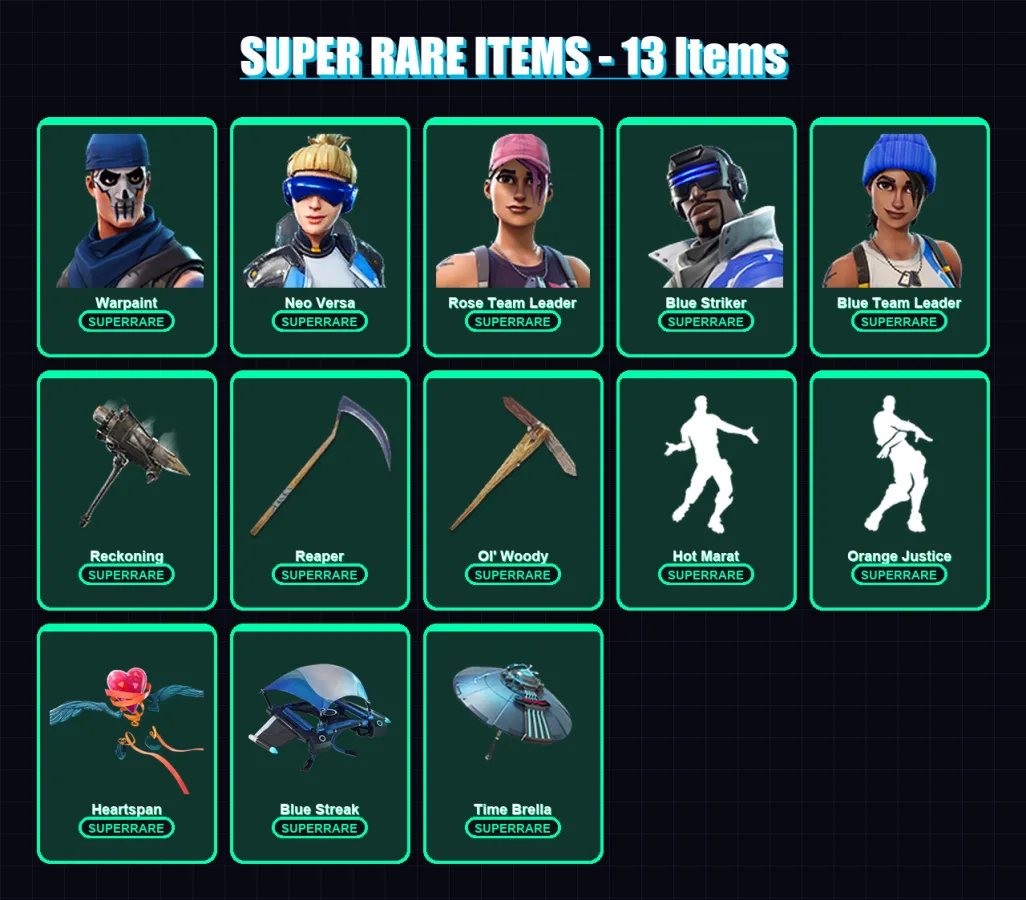 [PS4/PS5/XBOX/PC] | Warpaint | Neo Versa | Rose Team Leader | Blue Striker | Blue Team Leader | 103 skin | 93 pickaxe | 105 emote | 97 glider | Lv12
