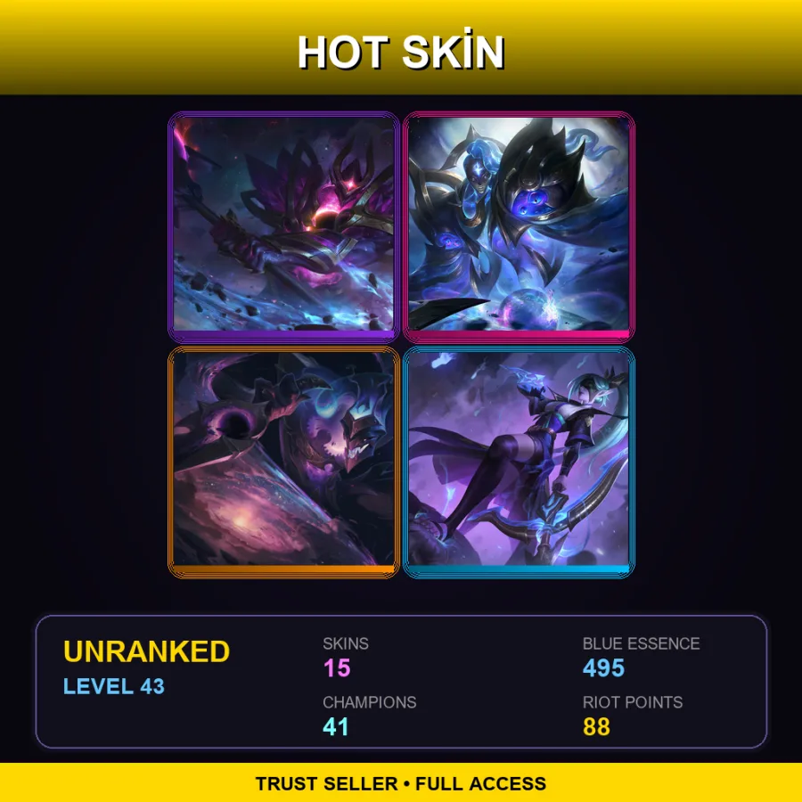 NA | Dark Star Mordekaiser | Cosmic Matriarch Bel'Veth | Dark Star Shaco | Spirit Blossom Vayne | 15 Skin | 41 Champ | Lv43