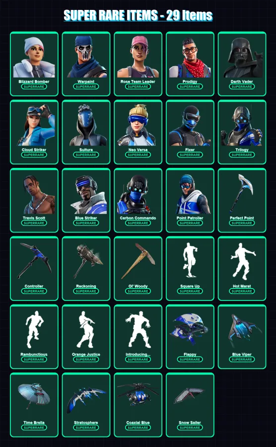 [PC] | Blizzard Bomber | Warpaint | Rose Team Leader | Prodigy | Darth Vader | 246 skin | 202 pickaxe | 189 emote | 173 glider | Lv2305 — Fortnite account