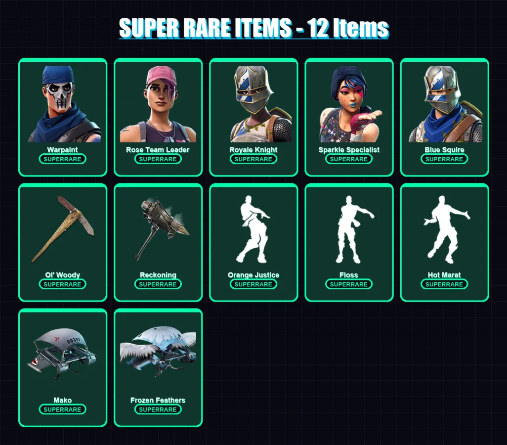 [PC] | Warpaint | Rose Team Leader | Royale Knight | Sparkle Specialist | Blue Squire | 56 skin | 87 pickaxe | 72 emote | 79 glider | Lv1149