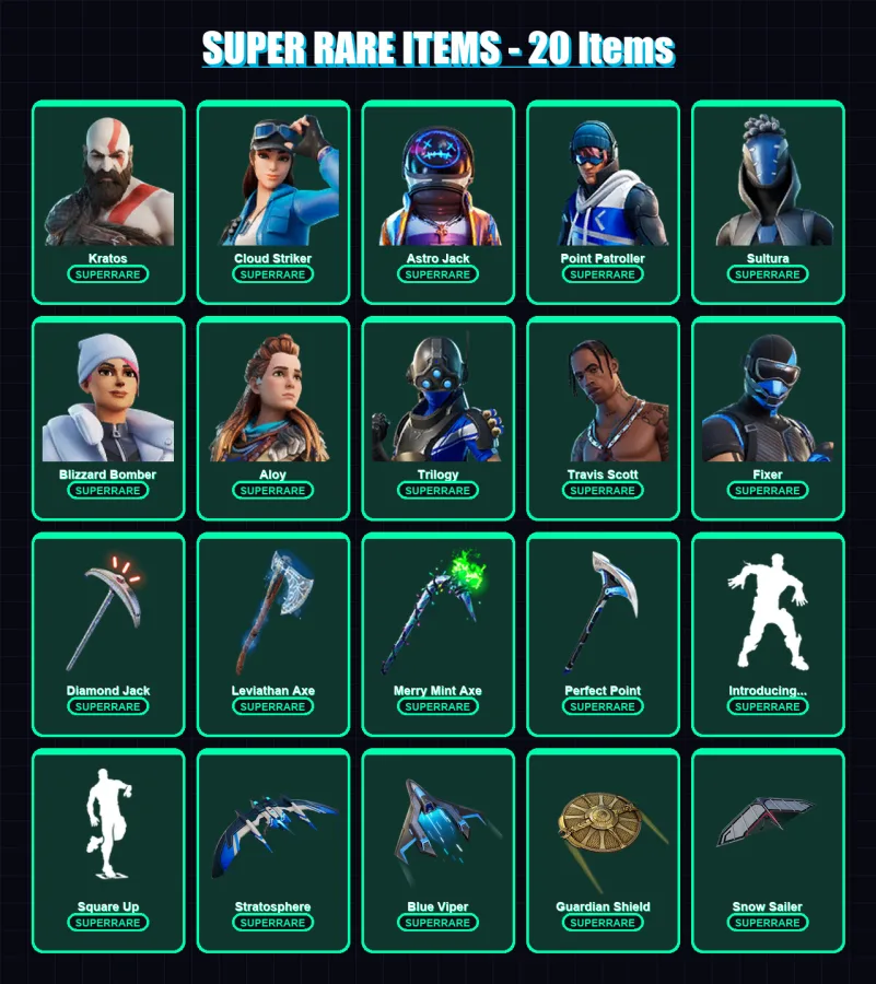 [PS4/PS5/XBOX/PC] | Kratos | Cloud Striker | Astro Jack | Point Patroller | Sultura | 77 skin | 74 pickaxe | 59 emote | 59 glider | Lv732