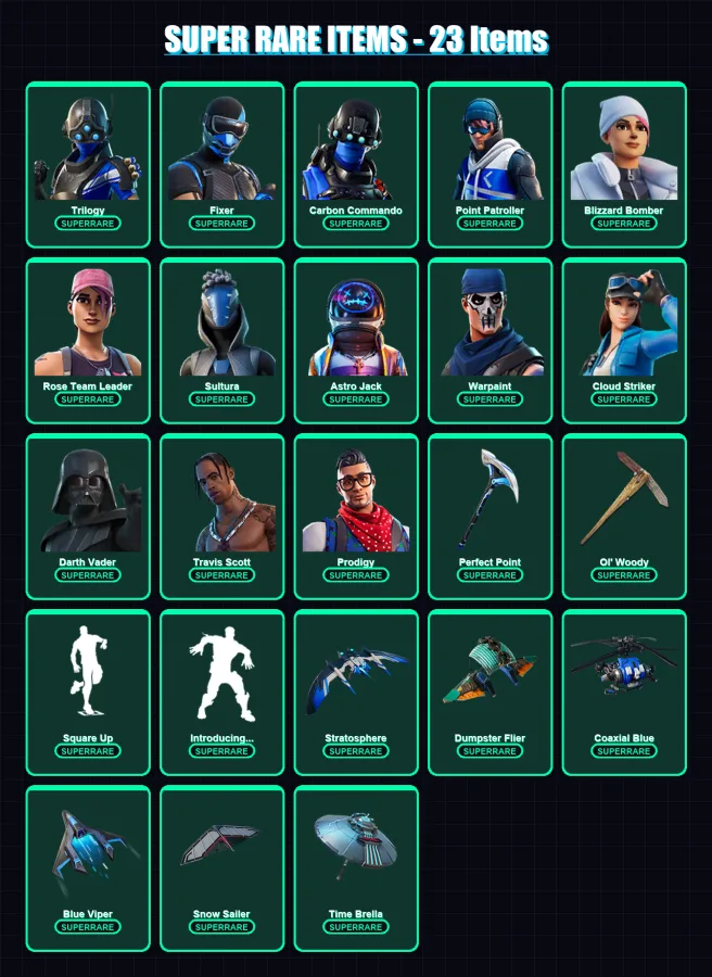 [PS4/PS5/XBOX/PC] | Trilogy | Fixer | Carbon Commando | Point Patroller | Blizzard Bomber | 322 skin | 316 pickaxe | 242 emote | 233 glider | Lv3181 — Fortnite account