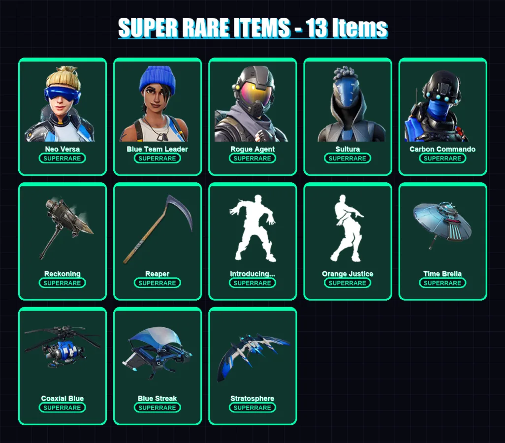 [PS4/PS5/XBOX/PC] | Neo Versa | Blue Team Leader | Rogue Agent | Sultura | Carbon Commando | 99 skin | 108 pickaxe | 97 emote | 94 glider | Lv1704