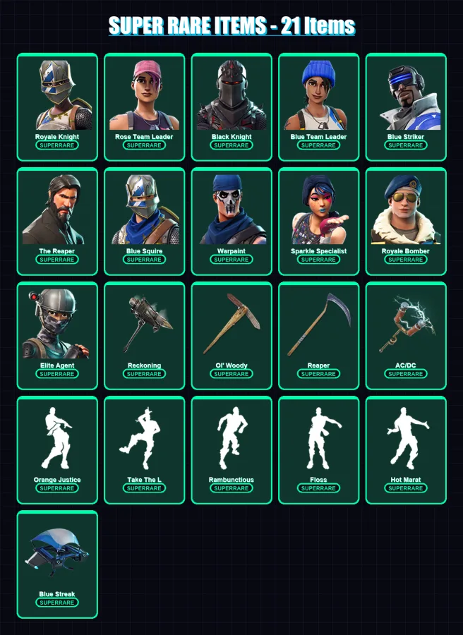[PC] | Royale Knight | Rose Team Leader | Black Knight | Blue Team Leader | Blue Striker | 122 skin | 87 pickaxe | 98 emote | 71 glider | Lv1172