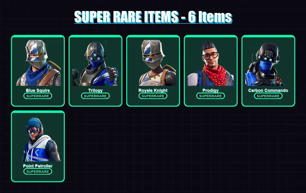 [PC/XBOX/PSN] | Blue Squire | Trilogy | Royale Knight | Prodigy | Carbon Commando | 6 skin | 5 pickaxe | 13 emote | 10 glider | Lv201
