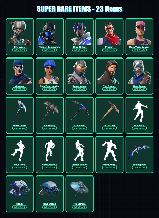 [PS4/PS5/PC] | Elite Agent | Carbon Commando | Blue Striker | Prodigy | Rose Team Leader | 106 skin | 100 pickaxe | 113 emote | 98 glider | Lv1097 — Fortnite account