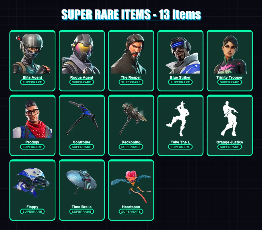 [PC] | Elite Agent | Rogue Agent | The Reaper | Blue Striker | Trinity Trooper | 73 skin | 79 pickaxe | 81 emote | 85 glider | Lv1429