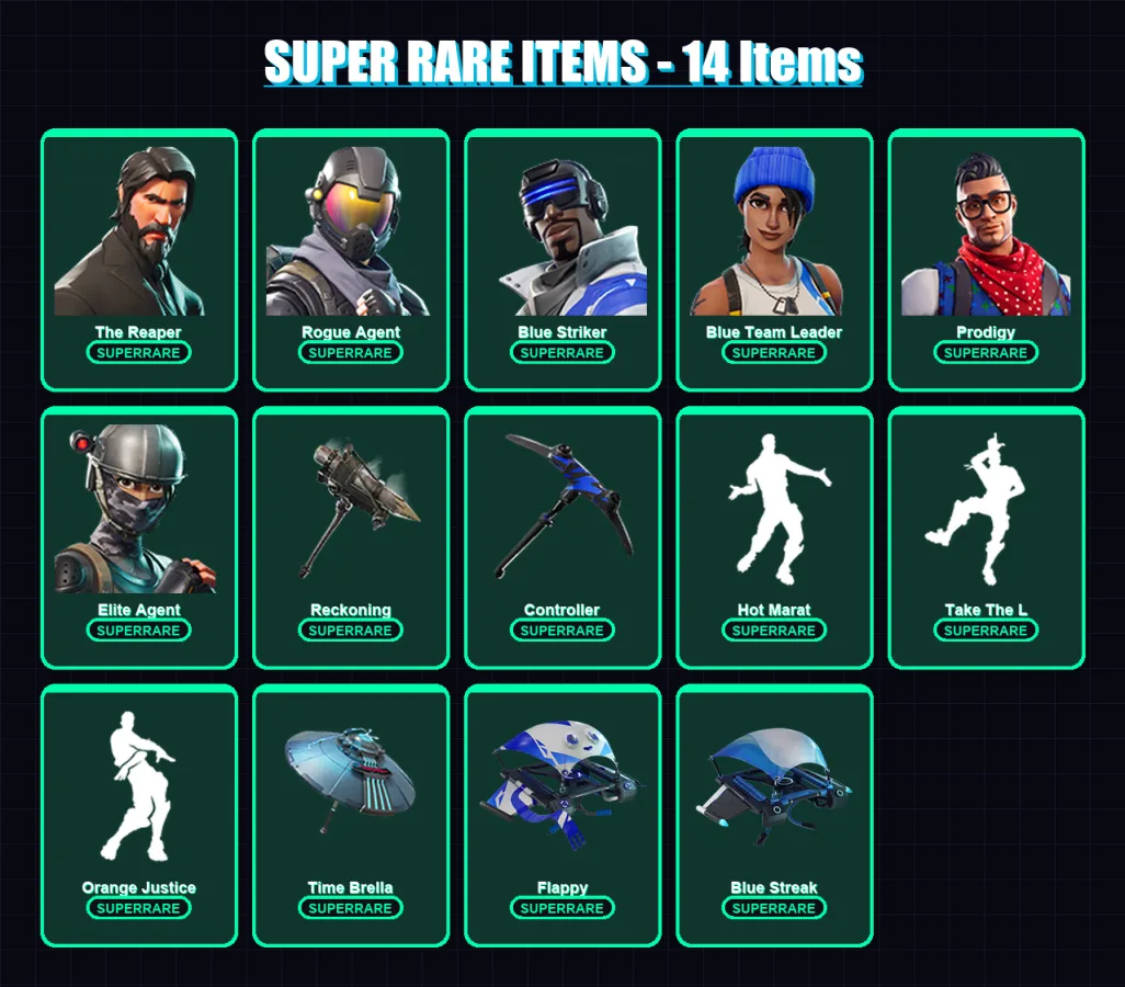 [PC/XBOX] | The Reaper | Rogue Agent | Blue Striker | Blue Team Leader | Prodigy | 93 skin | 96 pickaxe | 105 emote | 99 glider | Lv1630