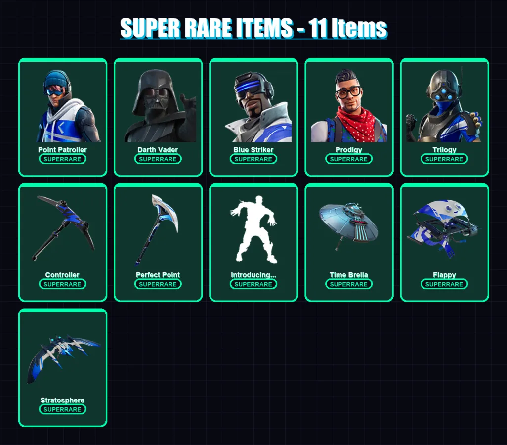 [PS4/PS5/PC] | Point Patroller | Darth Vader | Blue Striker | Prodigy | Trilogy | 338 skin | 380 pickaxe | 300 emote | 292 glider | Lv5367