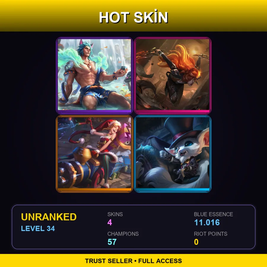 SG | Lv34 | Unranked | 4 Skin | 57 Champ — LoL account