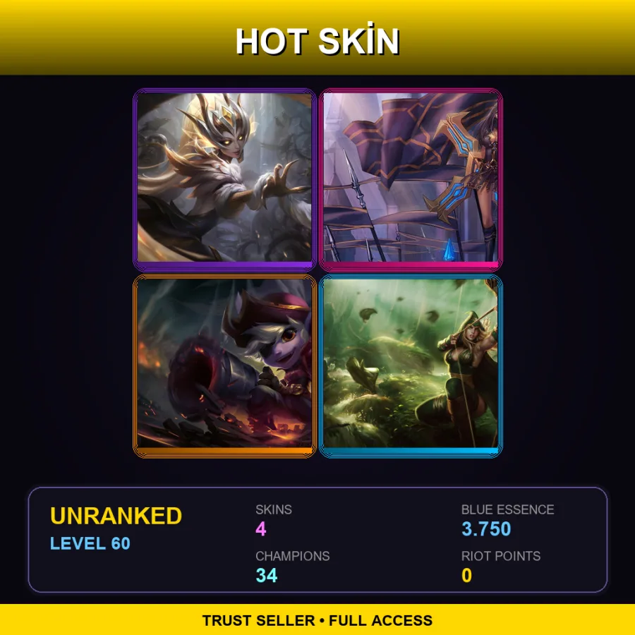 EUW | Lv60 | Unranked | 4 Skin | 34 Champ — LoL account