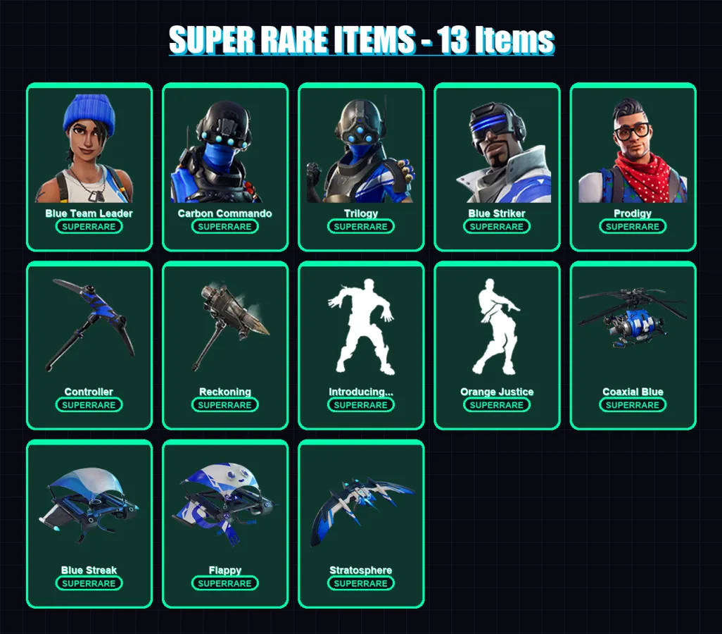 [PC/XBOX] | Blue Team Leader | Carbon Commando | Trilogy | Blue Striker | Prodigy | 128 skin | 94 pickaxe | 111 emote | 106 glider | Lv1597