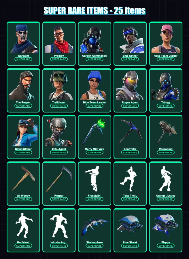 [PC/XBOX] | Warpaint | Prodigy | Carbon Commando | Blue Striker | Rose Team Leader | 130 skin | 91 pickaxe | 106 emote | 88 glider | Lv1256 — Fortnite account