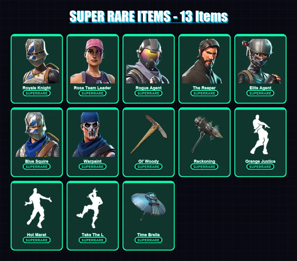 [PC/PSN] | Royale Knight | Rose Team Leader | Rogue Agent | The Reaper | Elite Agent | 53 skin | 61 pickaxe | 72 emote | 79 glider | Lv1002