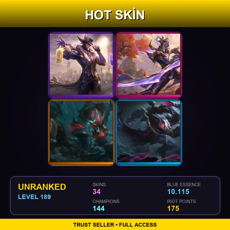 EUW | Lv189 | Unranked | 34 Skin | 144 Champ — LoL account