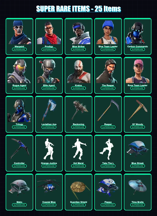 [PC/XBOX] | Warpaint | Prodigy | Blue Striker | Blue Team Leader | Carbon Commando | 129 skin | 141 pickaxe | 126 emote | 143 glider | Lv1955 — Fortnite account