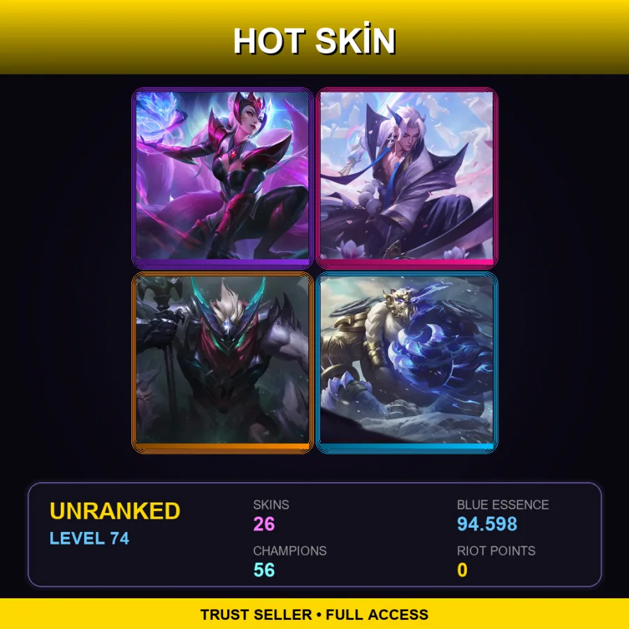 EUNE | Challenger Ahri | Spirit Blossom Yone | Dragon Knight Mordekaiser | Duality Dragon Volibear | 26 Skin | 56 Champ | Lv74