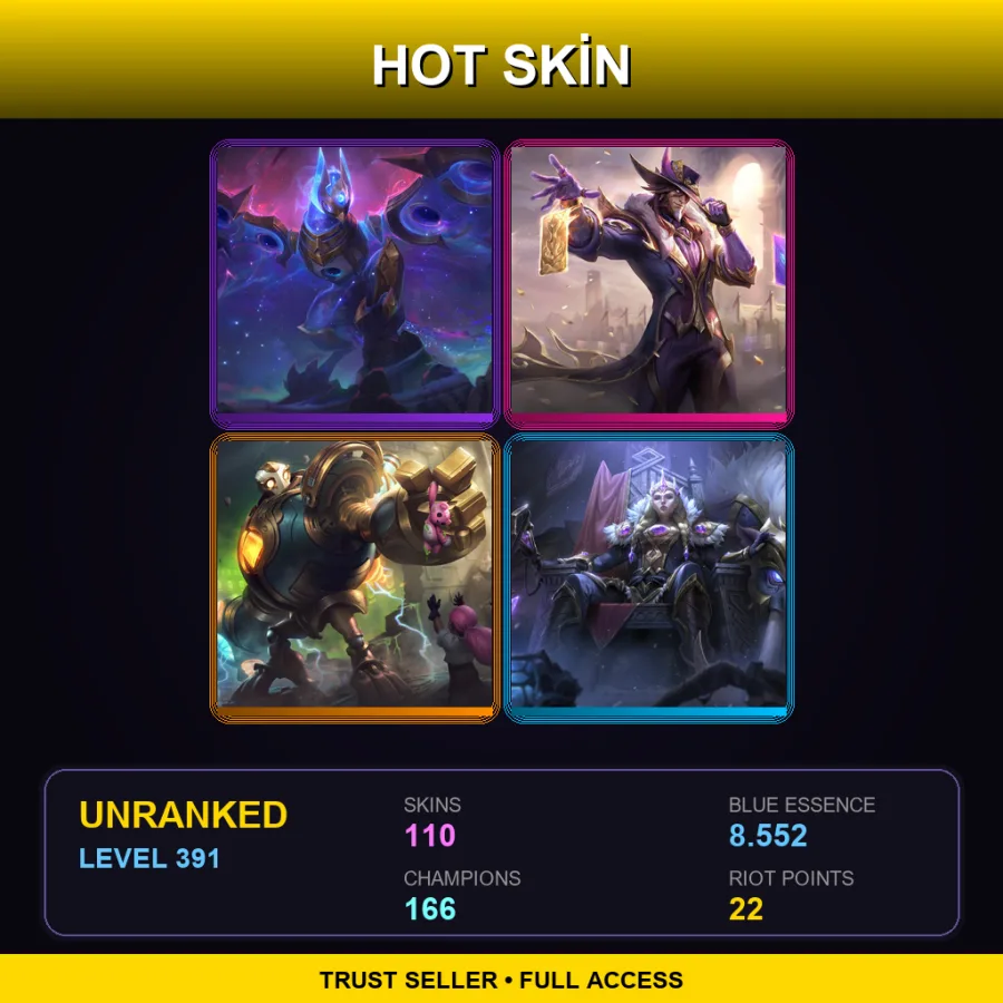 LAN | Lv391 | Unranked | 110 Skin | 166 Champ — LoL account