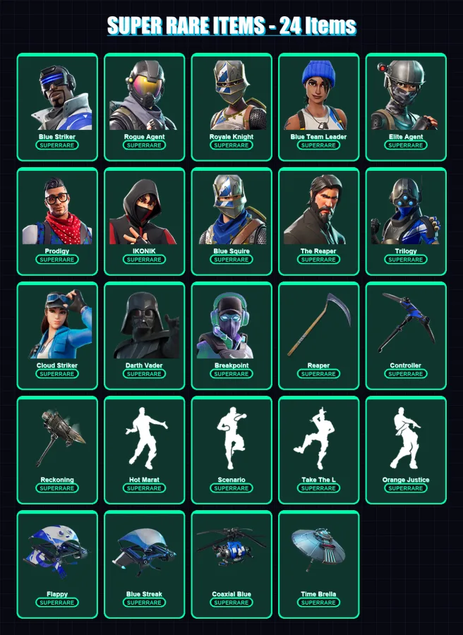 [PC/XBOX/PSN] | Blue Striker | Rogue Agent | Royale Knight | Blue Team Leader | Elite Agent | 168 skin | 180 pickaxe | 146 emote | 175 glider | Lv24