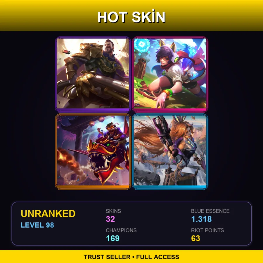 EUW | Lv98 | Unranked | 32 Skin | 169 Champ — LoL account