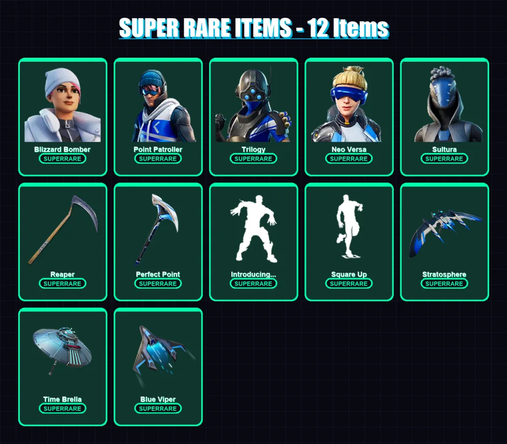 [PC/XBOX/PSN] | Blizzard Bomber | Point Patroller | Trilogy | Neo Versa | Sultura | 51 skin | 83 pickaxe | 60 emote | 60 glider | Lv1114