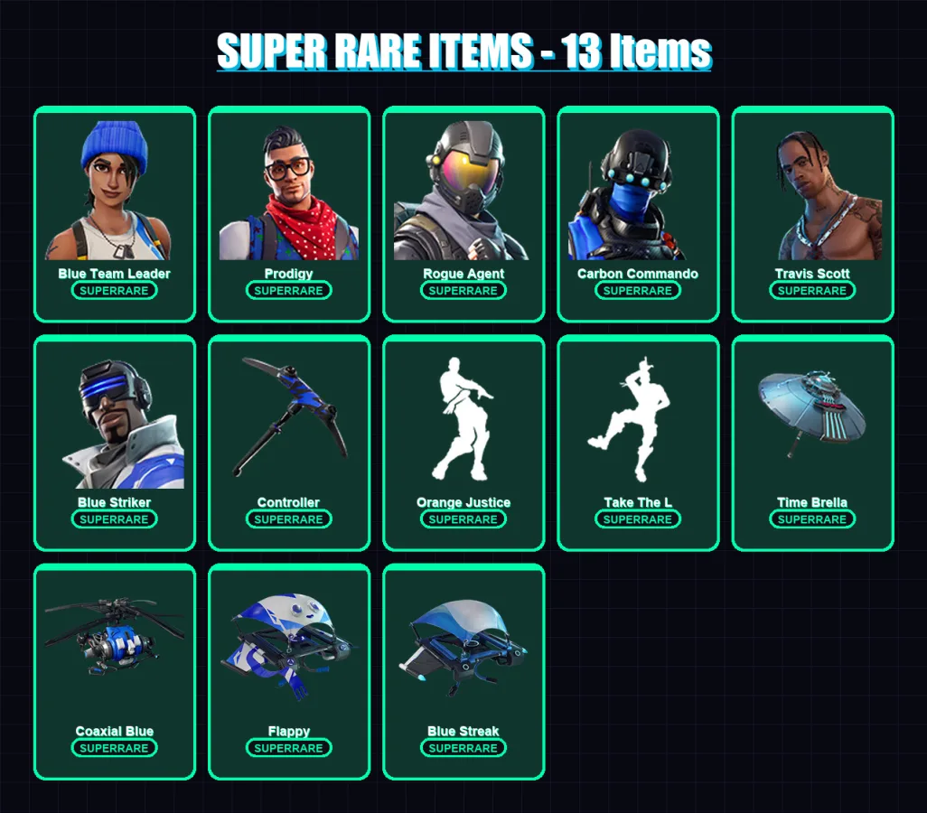 [PS4/PS5/XBOX/PC] | Blue Team Leader | Prodigy | Rogue Agent | Carbon Commando | Travis Scott | 31 skin | 34 pickaxe | 46 emote | 37 glider | Lv603