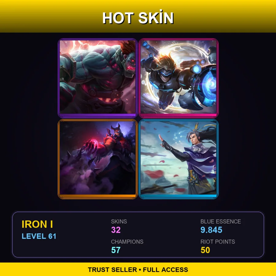 EUW | Hextech Sion | Pulsefire Ezreal | Blood Moon Shen | Eternal Sword Yi | 32 Skin | 57 Champ | Iron I | Lv61