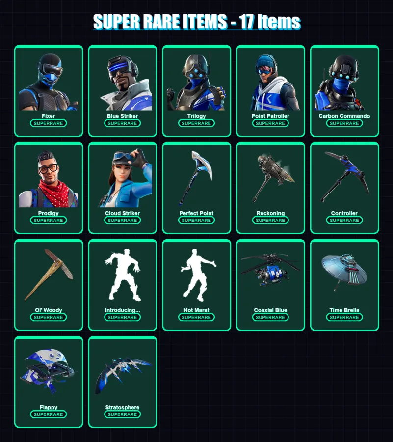 [PS4/PS5/XBOX/PC] | Fixer | Blue Striker | Trilogy | Point Patroller | Carbon Commando | 200 skin | 209 pickaxe | 171 emote | 172 glider | Lv2619
