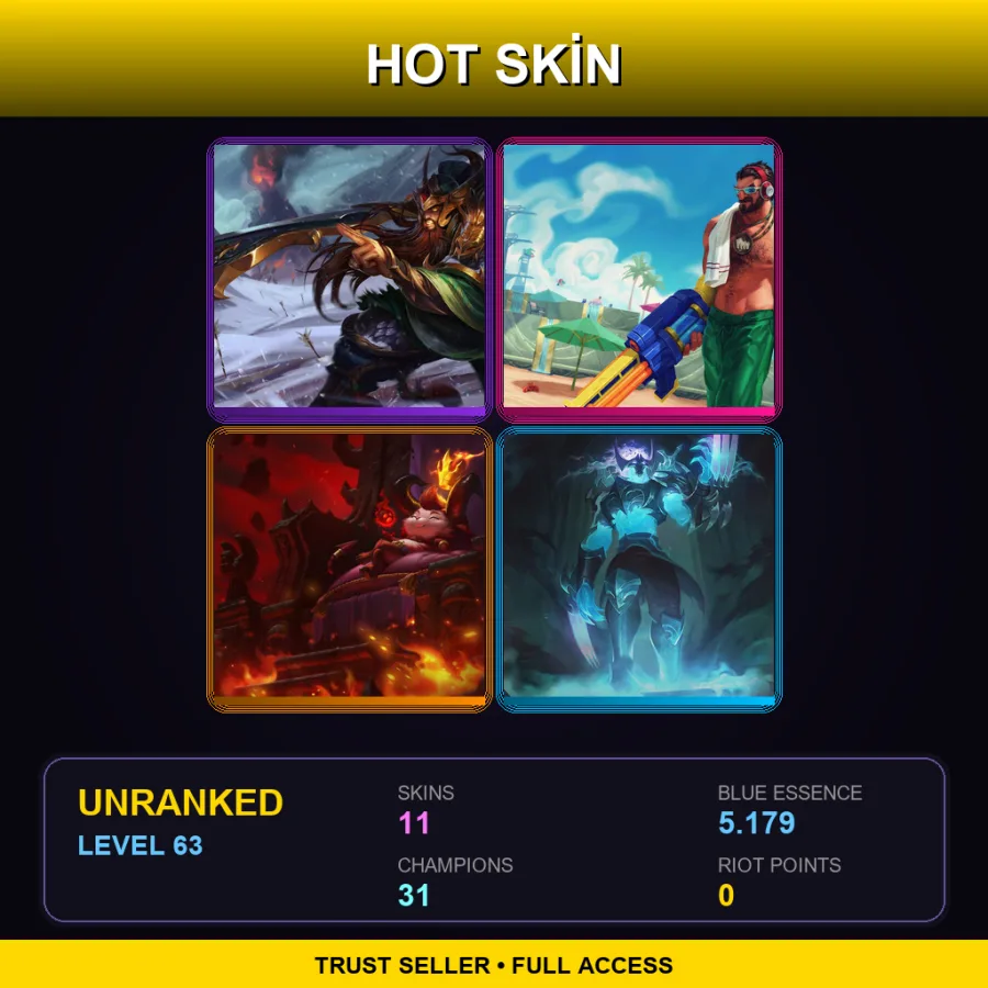 EUW | Lv63 | Unranked | 11 Skin | 31 Champ — LoL account
