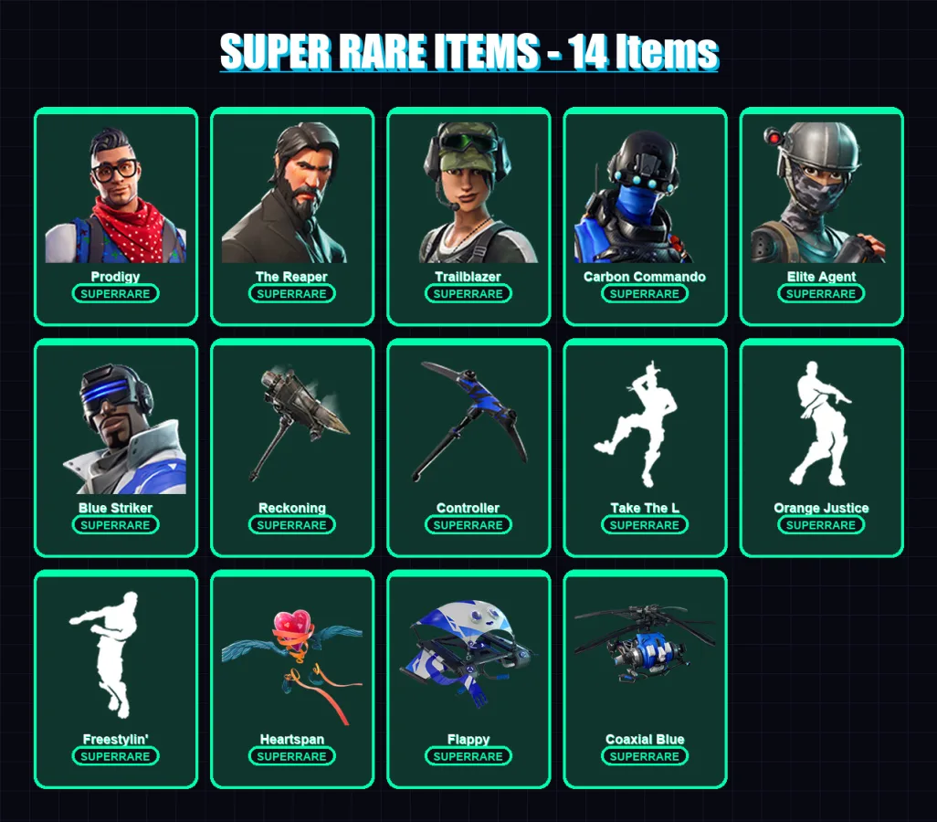 [PS4/PS5/XBOX/PC] | Prodigy | The Reaper | Trailblazer | Carbon Commando | Elite Agent | 55 skin | 39 pickaxe | 60 emote | 50 glider | Lv746