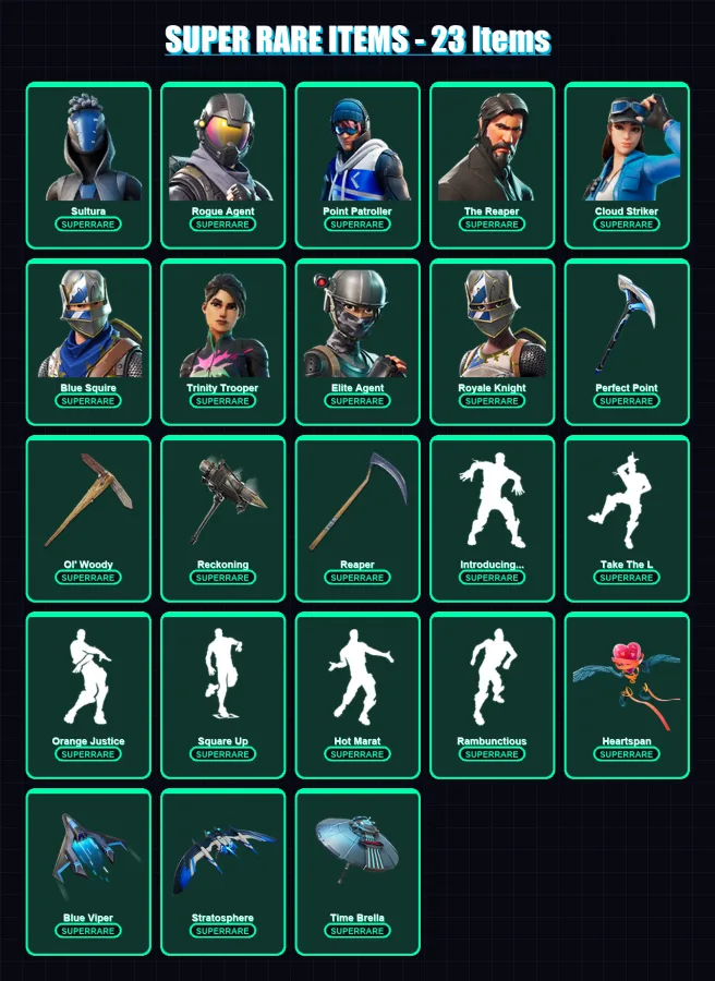 [PC] | Sultura | Rogue Agent | Point Patroller | The Reaper | Cloud Striker | 283 skin | 271 pickaxe | 236 emote | 191 glider | Lv2948